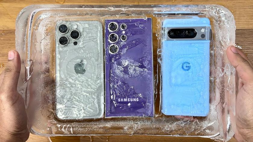 Экстремальный тест: Samsung Galaxy S24 Ultra, iPhone 15 Pro Max и Pixel 8 Pro залили водой и оставили в морозилке на 6 часов