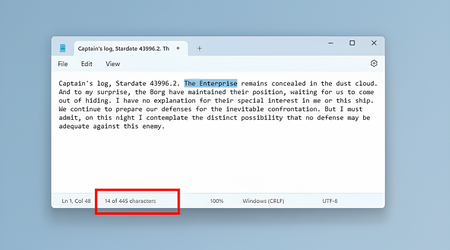 Standardowa aplikacja Notatnik w systemie Windows 11 obsługuje teraz zliczanie liczby znaków w dokumencie