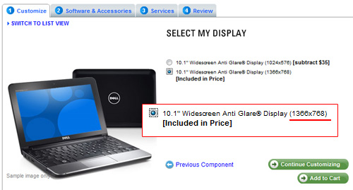 Ноутбук Dell Мини 10 принимает версию с разрешением HD