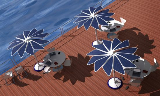 Изящный концепт пляжных зонтов с солнечными батареями