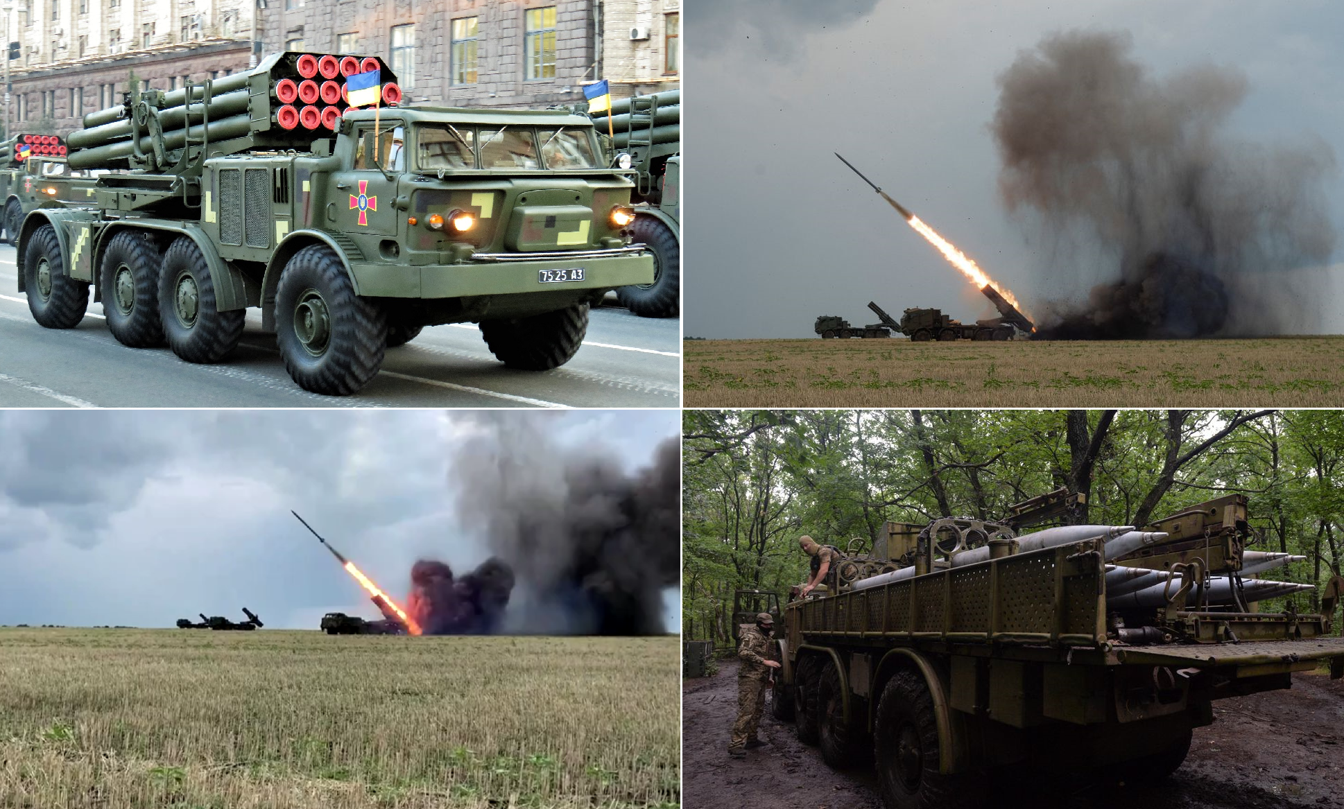 Ukrainian Uragan MLRS launches missiles next to two Bureviy rocket systems on Tatra T815-7 chassis