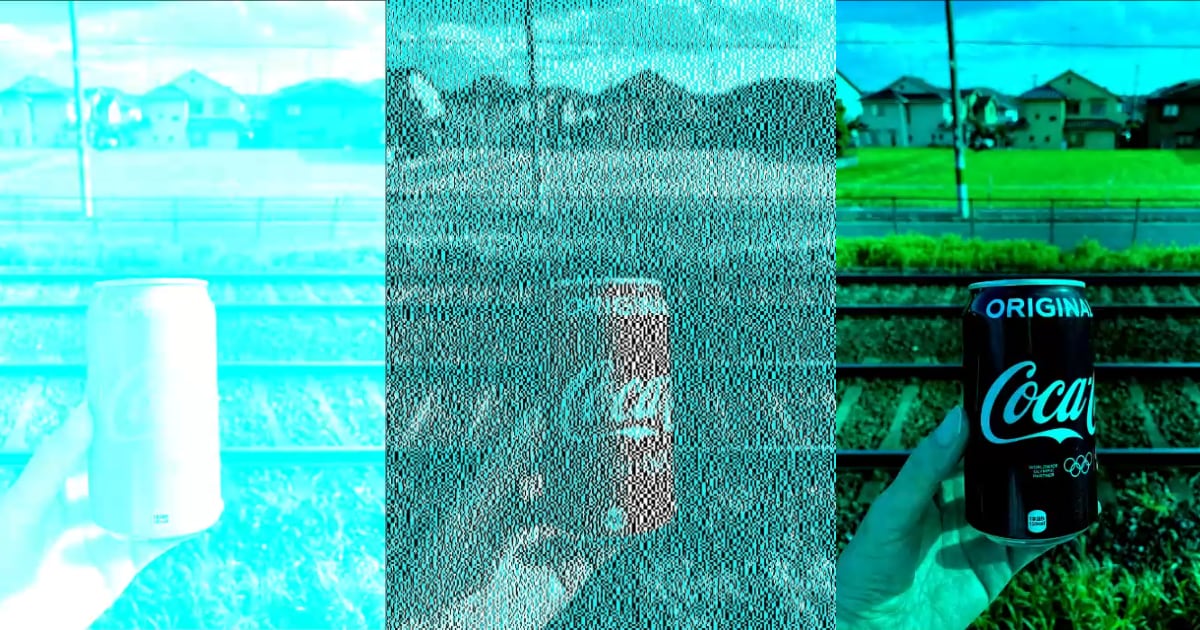 Et bilde av en Coca-Cola-boks som ser rød ut, men som bare består av svarte og blå piksler, blir delt på sosiale medier.