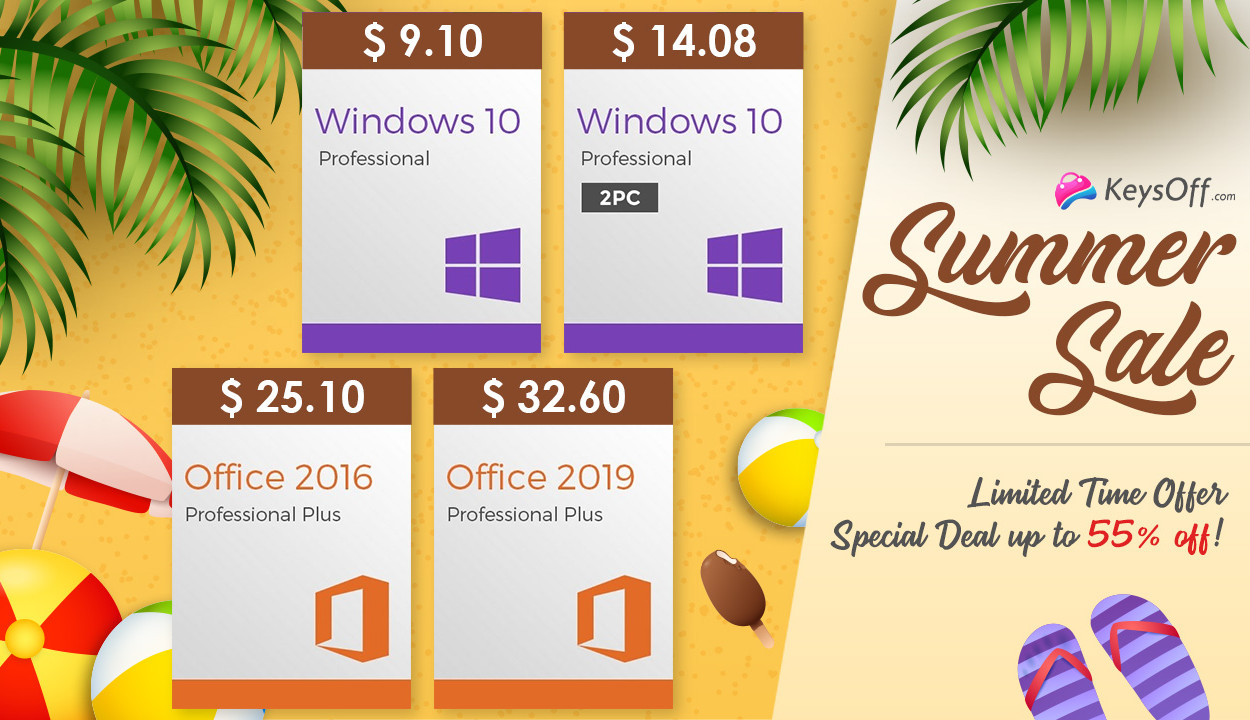 Летняя распродажа Keysoff: ключи Windows 10 от $9.10 и скидки до 55%