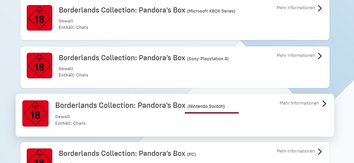 The Borderlands Collection: Pandora's Box may also be released on Nintendo Switch - as indicated by information from a German rating agency-2