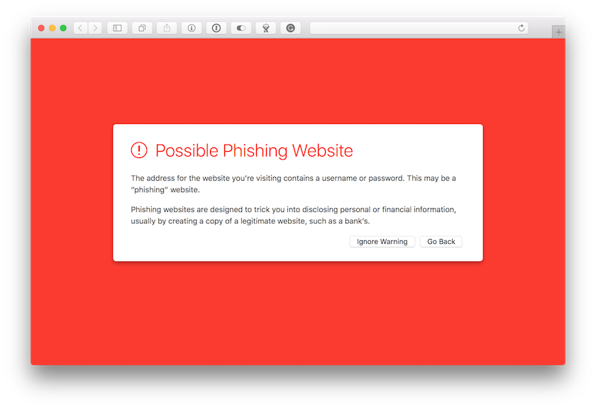 Предупреждение в Safari о посещении фишингового сайта