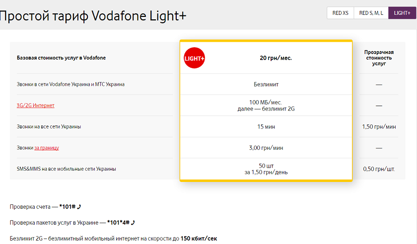 Vodafone запустил тариф Light+