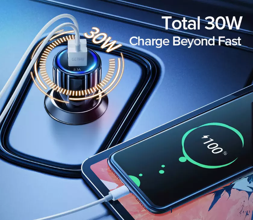 GETIHU 30W: автомобильная зарядка с Power Delivery, LED-индикатором и двумя USB-портами дешевле $4