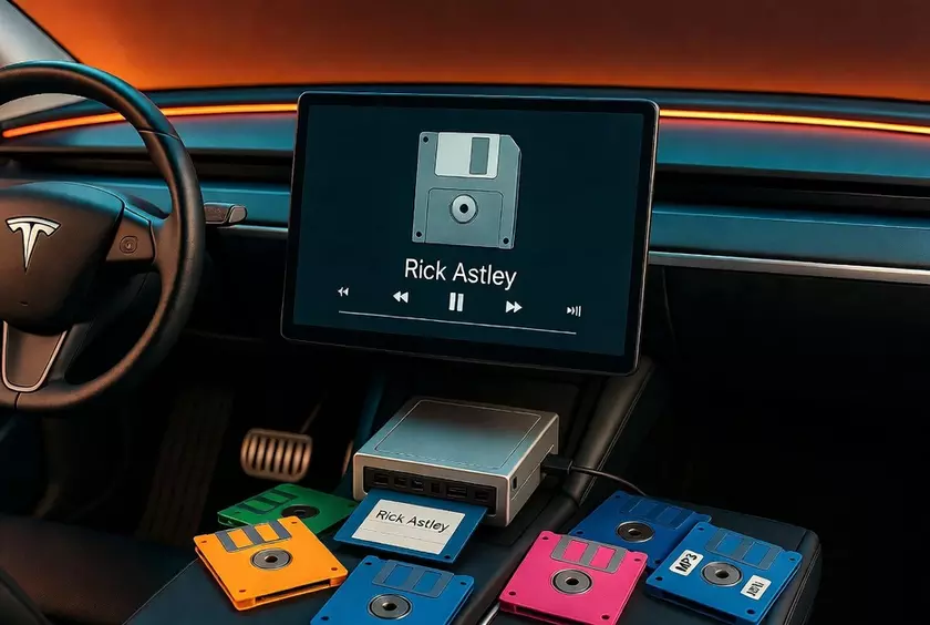 Флоппи-дисковод подключен к USB-порту в Tesla
