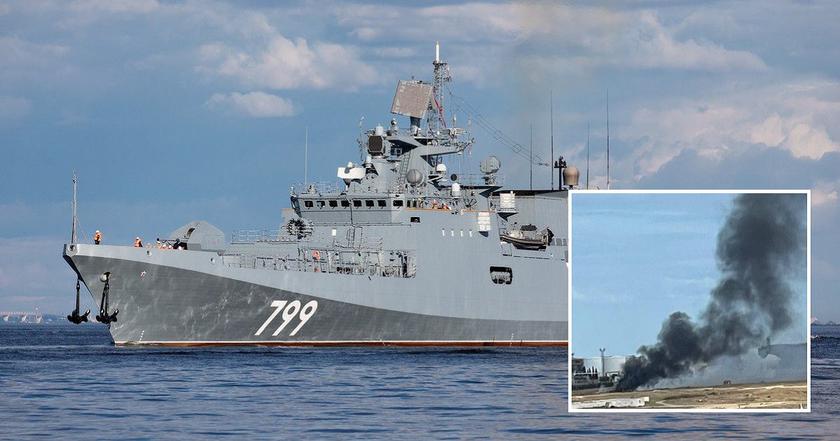 Russisches Kriegsschiff... Marinedrohnen trafen mindestens drei russische Schiffe, darunter das neue Flaggschiff Admiral Makarov, das den Kreuzer Moscow