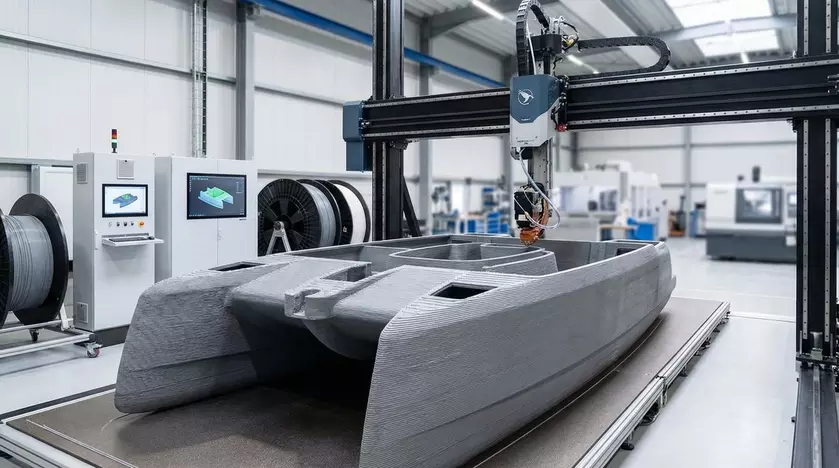 Процесс 3D-печати монолитного корпуса катамарана роботом-манипулятором