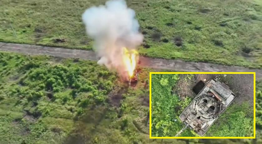 Украинский беспилотник-бомбардировщик одной гранатой уничтожил российский танк Т-80БВ точным попаданием прямо в люк