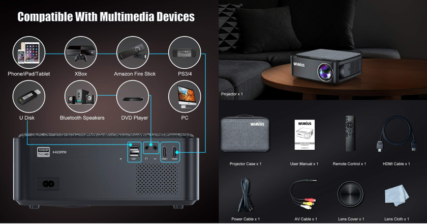 WiMiUS K1 Projector best home theater projector under 300