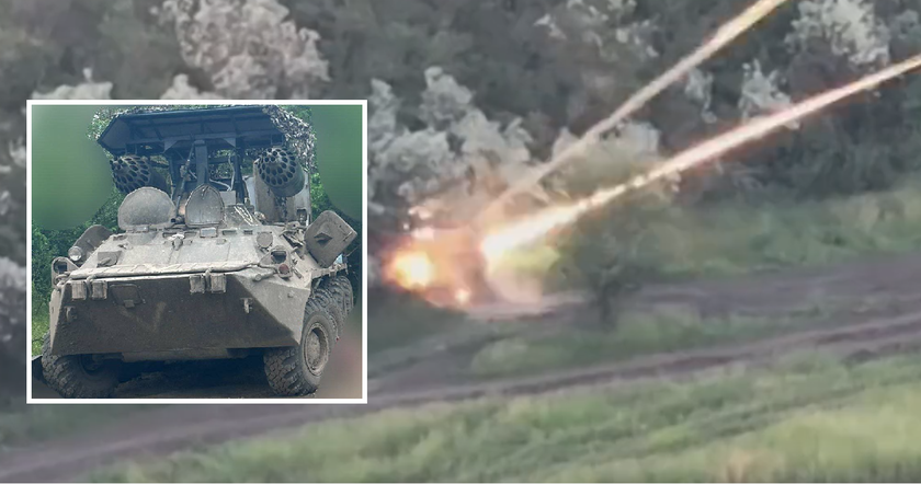 Украинские FPV-дроны атаковали «уникальную» российскую военную разработку виде симбиоза БТР-80 и пусковых установок для авиационных ракет С-8