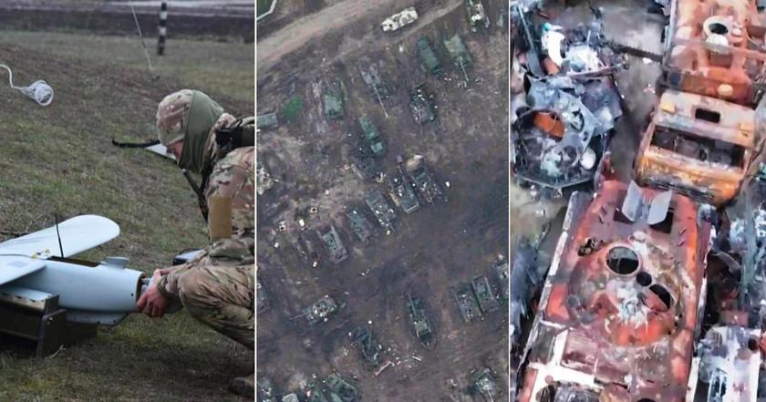 Украинский БПЛА «Лелека-100» зафиксировал кладбище разбитой российской техники в Белгородской области: десятки единиц, включая танки и артиллерию