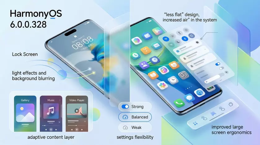 Обновленный интерфейс HarmonyOS 6 с эффектами стекла
