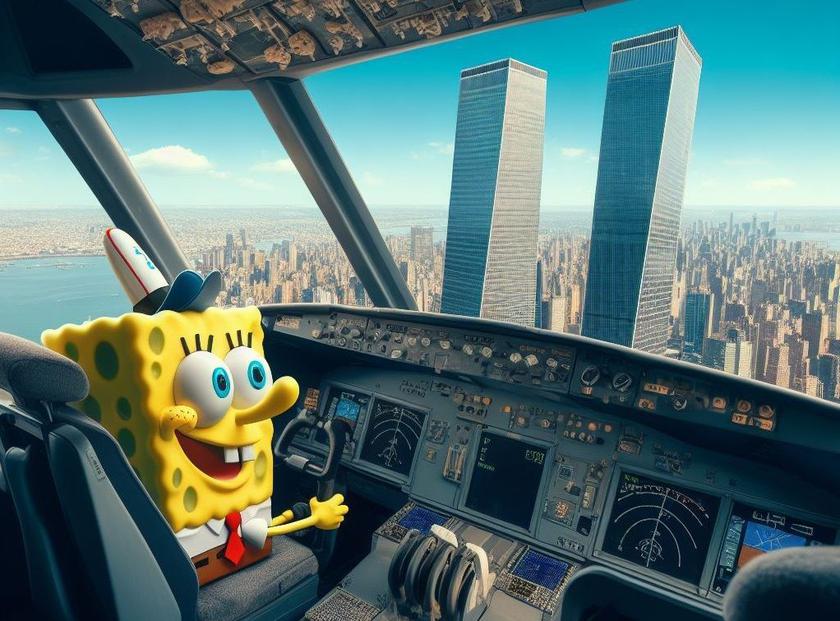 Пользователи Bing Image Creator сгенерировали изображение теракта 9/11, где самолетом управляют Микки Маус и Губка Боб