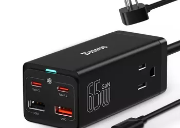 Baseus PowerCombo на Amazon: разветвитель с четырьмя портами USB, двумя розетками и зарядкой до 65 Вт за $47.99 (скидка $52)