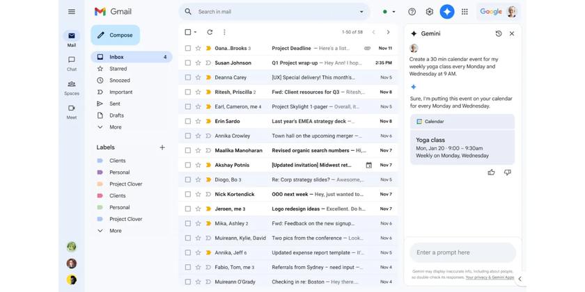 Gmail интегрирует Google Calendar в боковую панель Gemini 