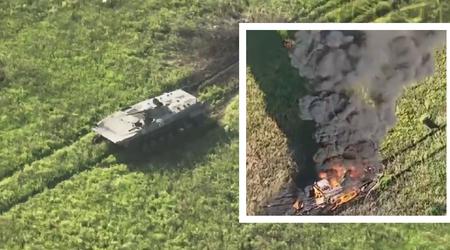 A Ukrainian FPV drone flew inside a BMP-1 and exploded, destroying the $200,000 infantry fighting vehicle