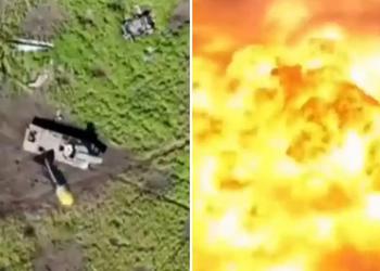 Украинский квадрокоптер одной гранатой эффектно разорвал на куски российскую самоходную реактивную установку разминирования УР-77 «Метеорит» с 700 кг взрывчатки
