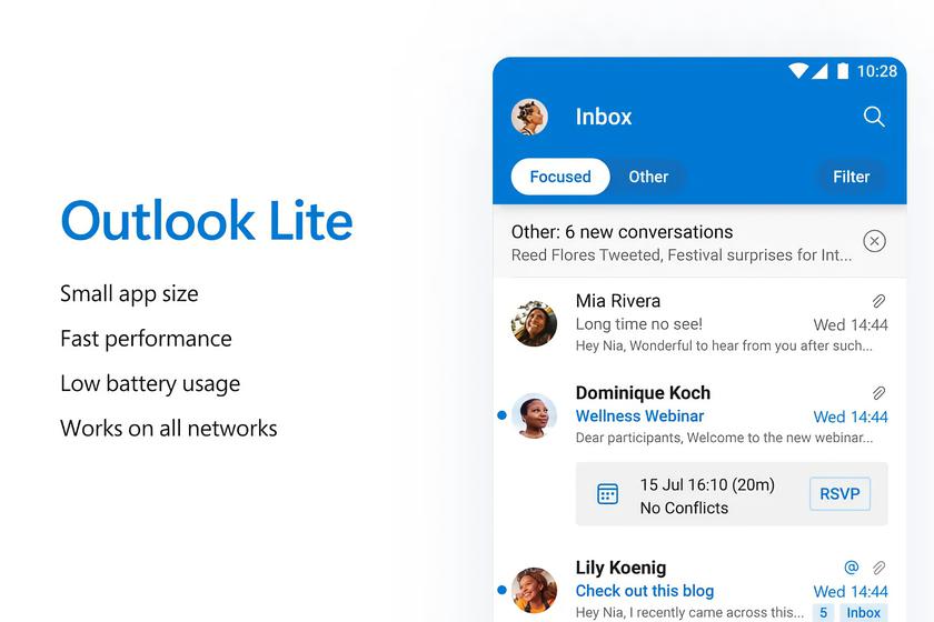 Microsoft выпустила Outlook Lite для пользователей Android, приложение весит всего 5 МБ