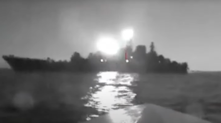 A video from a marine drone that attacked the large Russian landing ship Olenegorsk Miner has appeared on the Internet