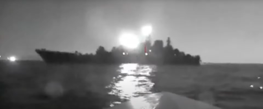 A video from a marine drone that attacked the large Russian landing ship Olenegorsk Miner has appeared on the Internet