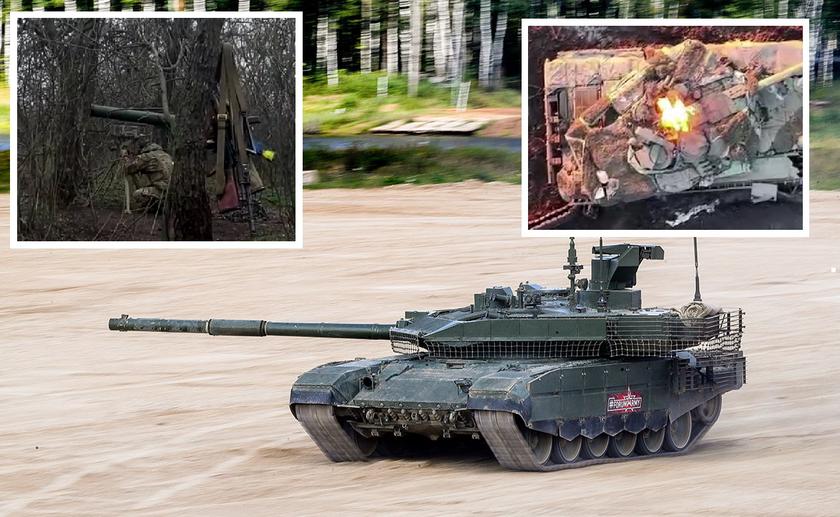 Украинские военные поразили современный российский танк Т-90М «Прорыв» трофейным ракетным комплексом «Корнет» и забросали «коктейлями Молотова»