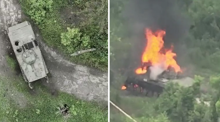 Des drones ukrainiens tirent 40 × 53 coups de lance-grenades et brûlent un BMP-1 russe d'une valeur de 200 000 dollars.