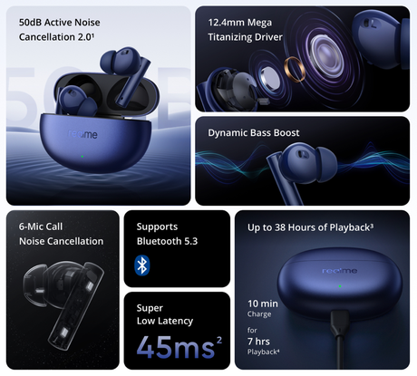 realme Buds Air 5 with 50dB ANC, 12.4mm Dynamic Bass Driver and upto 38  hours Playback Bluetooth Headset Price in India - Buy realme Buds Air 5  with 50dB ANC, 12.4mm Dynamic Bass Driver and upto 38 hours Playback  Bluetooth Headset Online