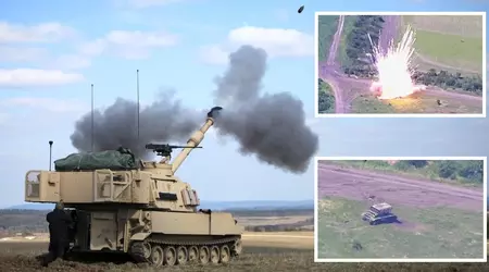 L'obusier automoteur M109A6 Paladin détruit le système de lance-flammes lourd russe TOS-1A avec des obus thermobariques de 220 mm.