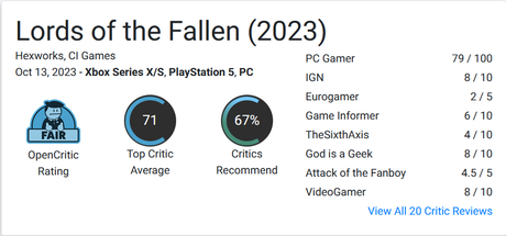Lords of the Fallen - Starts Metacritic with 65 - Opencritic with 71 - Big  Performance Problems : r/PS5