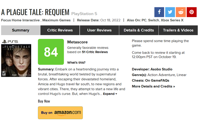 First estimates of A Plague Tale: Requiem. The game is praised for