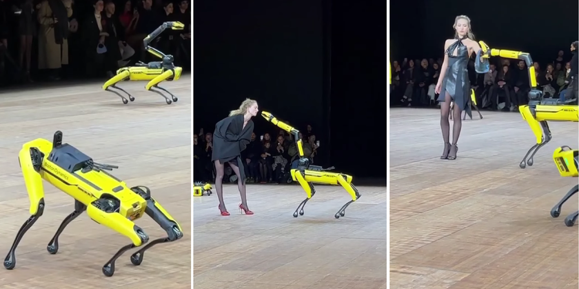 Five Boston Dynamics robotic dogs take part in the Coperni fashion show in Paris