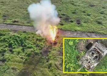 Украинский беспилотник-бомбардировщик одной гранатой уничтожил российский танк Т-80БВ точным попаданием прямо в люк