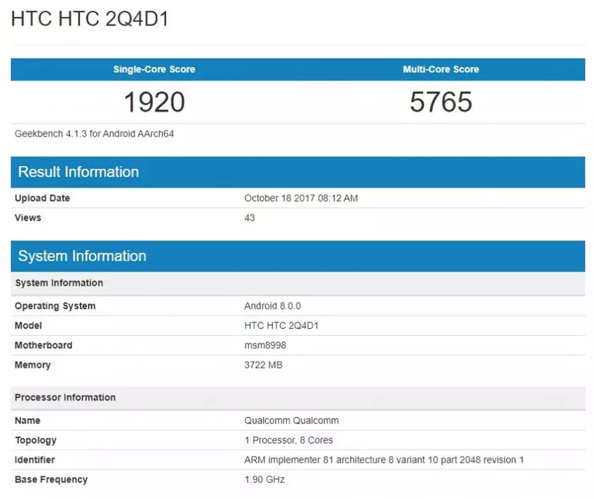 Технические характеристики HTC U11 Plus  засветились в GFXBench