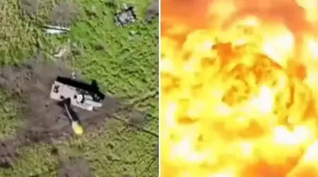 Un quadrocopter ukrainien a spectaculairement mis en pièces un lance-roquettes de déminage autopropulsé russe UR-77 "Meteorite" contenant 700 kg d'explosifs à l'aide d'une seule grenade.