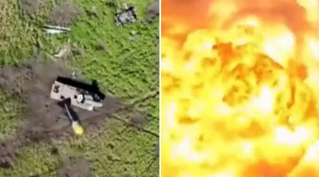 Український квадрокоптер однією гранатою ефектно розірвав на шматки російську самохідну реактивну установку розмінування УР-77 "Метеорит" із 700 кг вибухівки