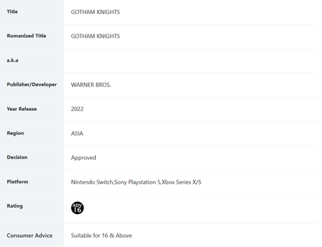Rumour: ESRB and Singapore's government agency mention Gotham Knights  release for Nintendo Switch
