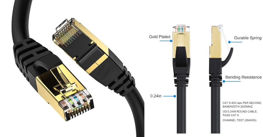 Cable Ethernet Cat 8, 10 pies Heavy Duty Cable de red de Internet de alta  velocidad, cable LAN profesional, 26AWG, 2000Mhz 40Gbps con conector RJ45