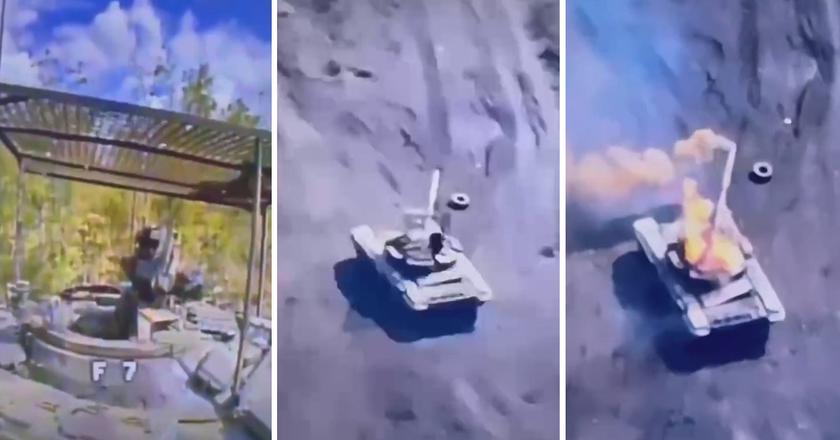 Украинский FPV-беспилотник стоимостью $500 совершил аккуратную посадку внутрь Т-72Б и сжёг российский танк