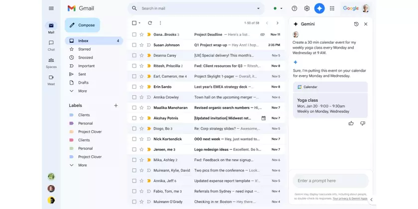 Gmail интегрирует Google Calendar в боковую панель Gemini 