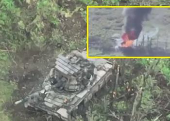 Дешёвые украинские дроны-камикадзе сожгли российский танк Т-80БВ с комплексом динамической защиты «Контакт-1»