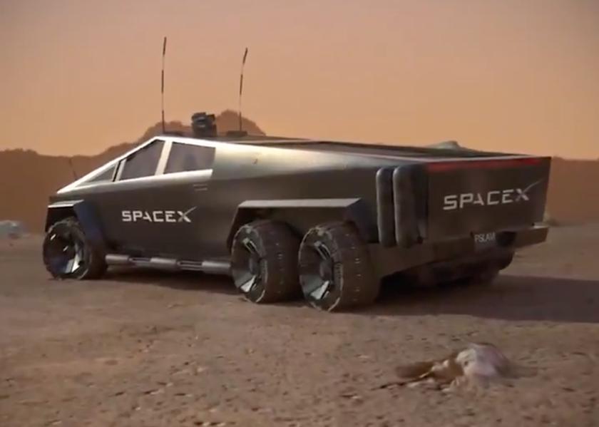 Концепт специальной версии Tesla Cybertruck для Марса: шесть колёс, солнечная панель и спутниковая антенна