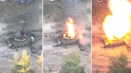 Ukrainian FPV drones with artillery destroyed a Russian modernised T-72B3 tank