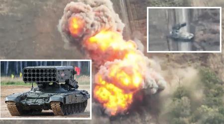 An FPV drone ripped apart a Russian TOS-1A heavy flamethrower system with thermobaric missiles