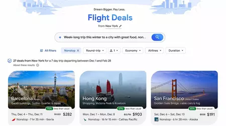 Google's "Flight Deals" AI search: tell it where you want to go and it will pick up the most favourable flight