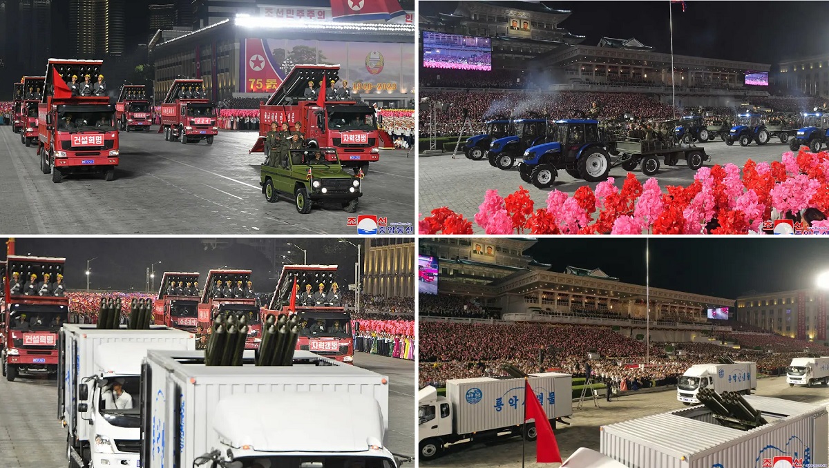 Die DVRK zeigte eine Flotte von Traktoren mit Raketenwerfern und mehreren Raketenwerfern, die als zivile Lastwagen getarnt waren