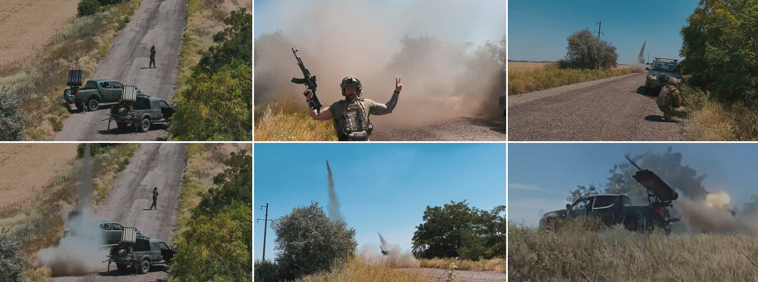 Le forze armate ucraine hanno pubblicato un video spettacolare dei fuochi d'artificio di due sistemi a reazione improvvisati con missili di aerei S-8 contemporaneamente