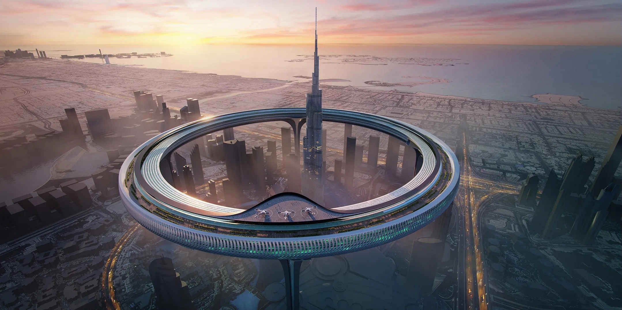 Znera Space proposes to errect a 550-meter Downtown Circle building around the world's tallest skyscraper, the Burj Khalifa
